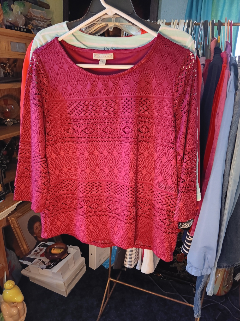Dana Buchman Red Crochet Lace Knit Top